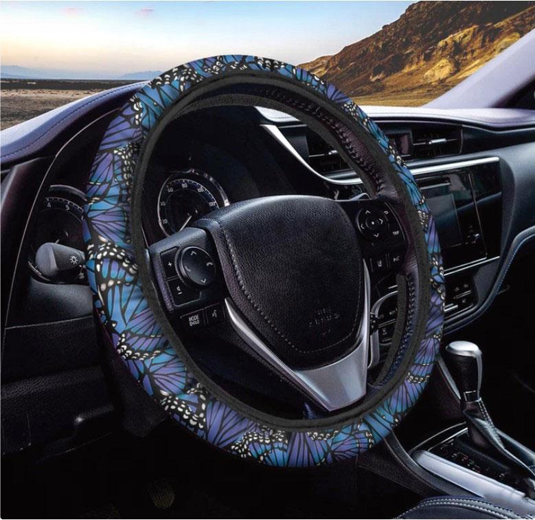 Blue Monarch Butterfly Wings Print Car Steering Wheel Cover