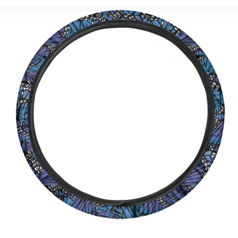 Blue Monarch Butterfly Wings Print Car Steering Wheel Cover