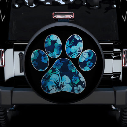 Blue Paw Print Hawaiian Hibiscus Jeep Car Spare Tire Cover