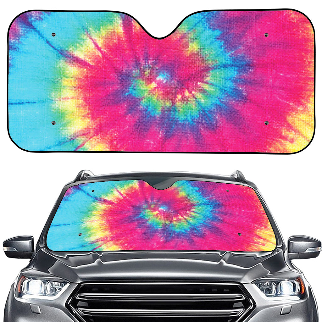 Blue Pink And Yellow Tie Dye Print Car Windshield Sun Shade