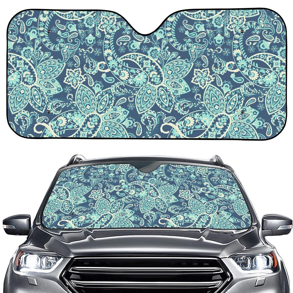 Blue Sky Paisley Bohemian Pattern Print Car Windshield Sun Shade