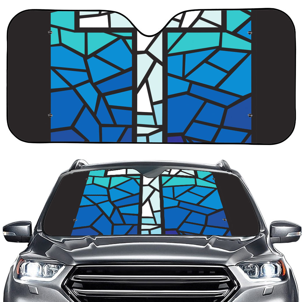 Blue Stained Glass Cross Print Car Windshield Sun Shade