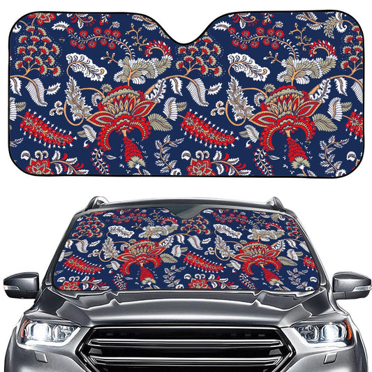 Blue Vintage Bohemian Floral Print Car Windshield Sun Shade