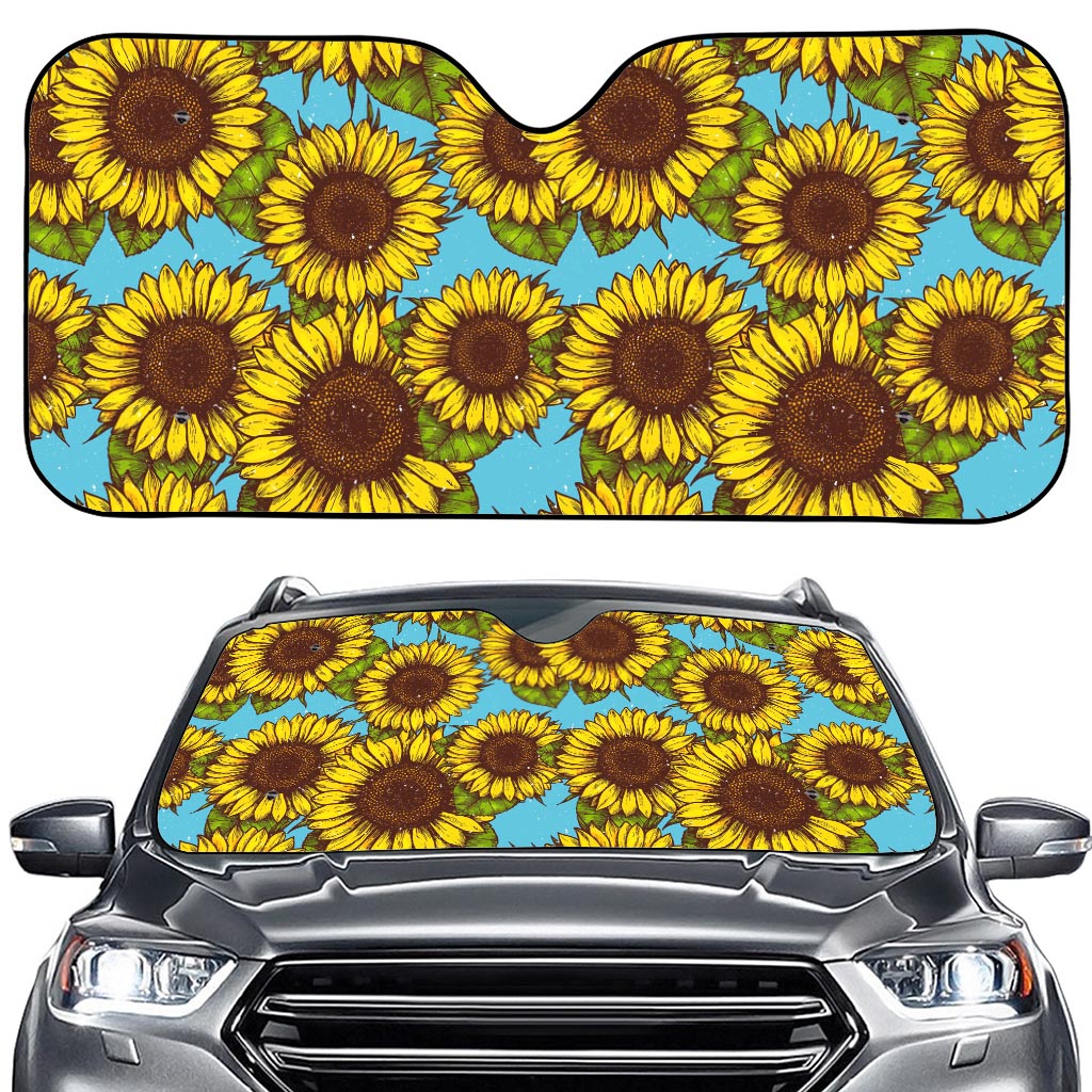 Blue Vintage Sunflower Pattern Print Car Windshield Sun Shade