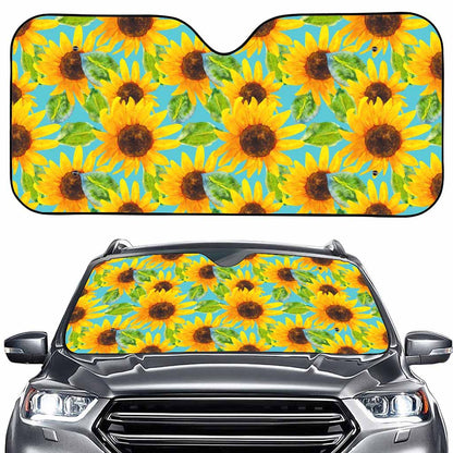 Blue Watercolor Sunflower Pattern Print Car Windshield Sun Shade