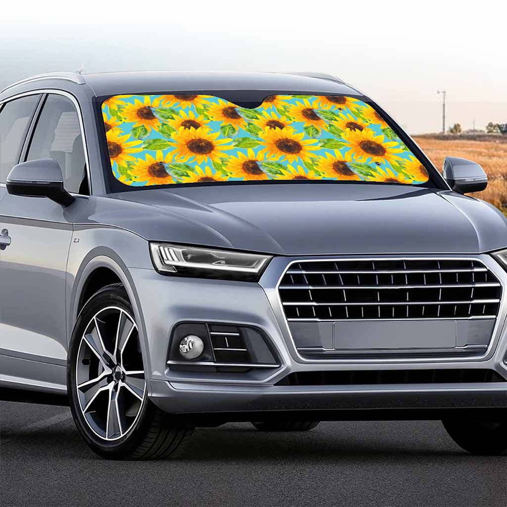 Blue Watercolor Sunflower Pattern Print Car Windshield Sun Shade