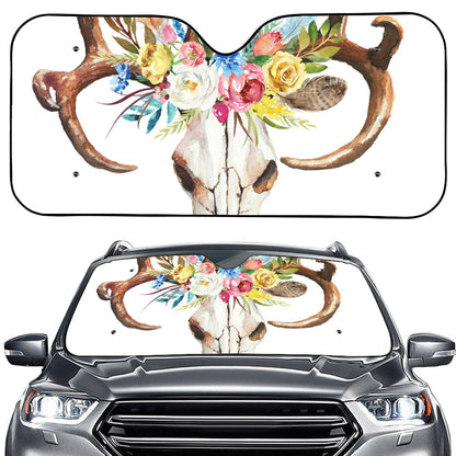 Boho Floral Deer Skull Print Car Windshield Sun Shade