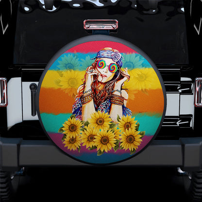 Boho Girl Sunflower Car Spare Tire Cover