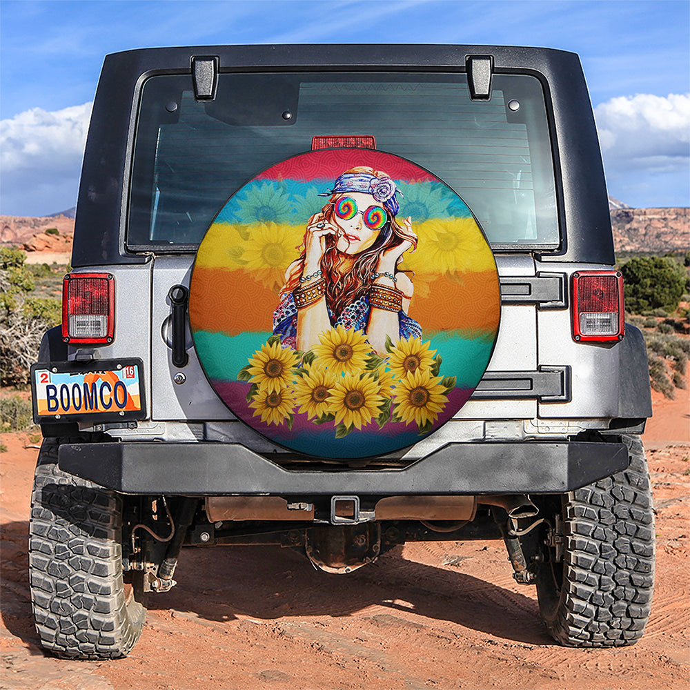 Boho Girl Sunflower Car Spare Tire Cover