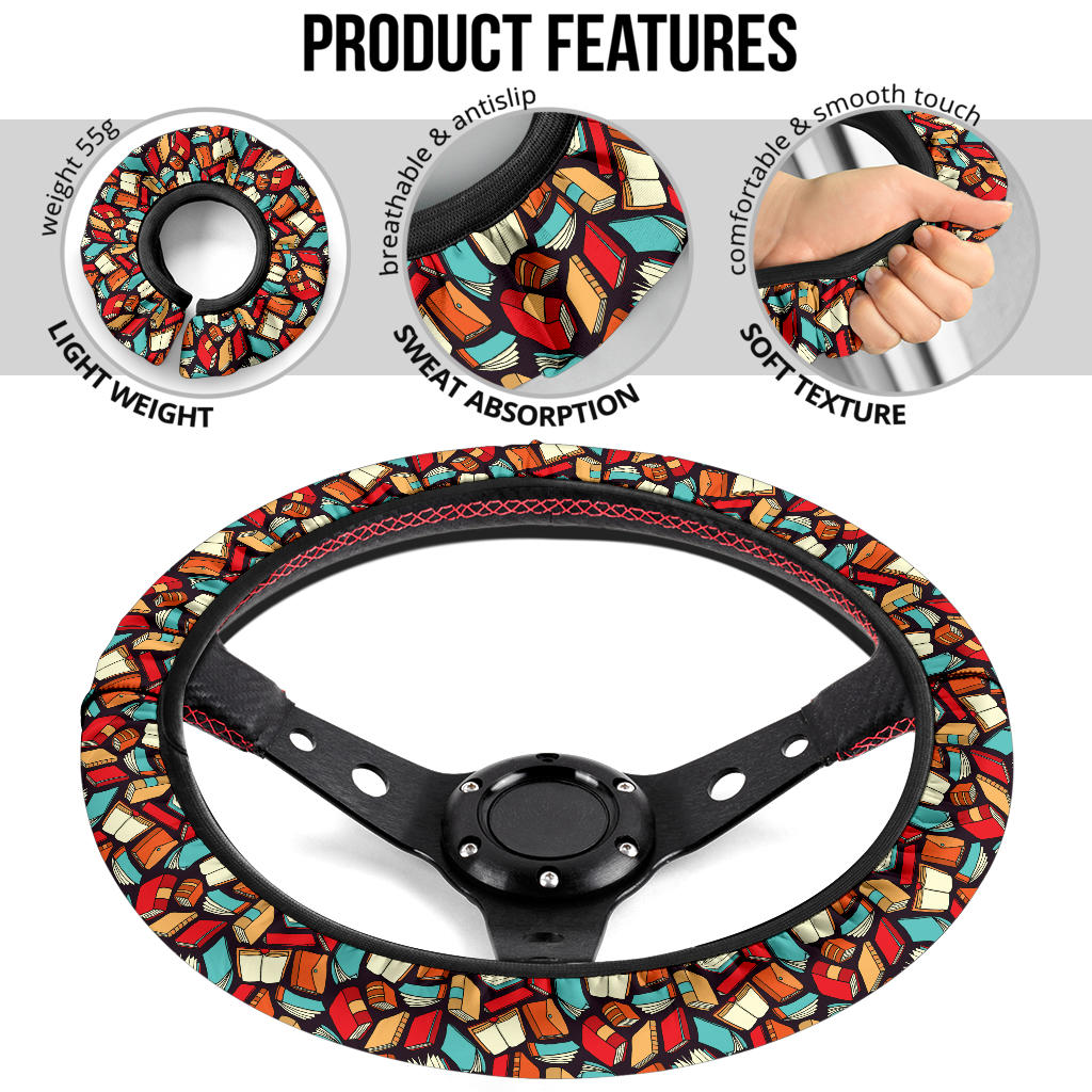 Book Black Background Premium Car Steering Wheel Cover