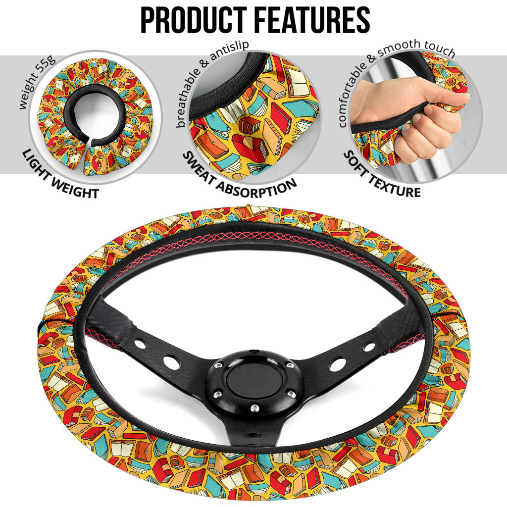 Book Yellow Background Premium Car Steering Wheel Cover