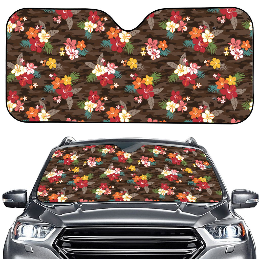 Brown Camo Hibiscus Flower Print Car Windshield Sun Shade