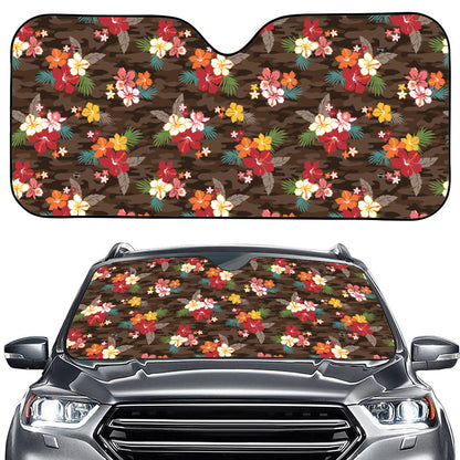 Brown Camo Hibiscus Flower Print Car Windshield Sun Shade
