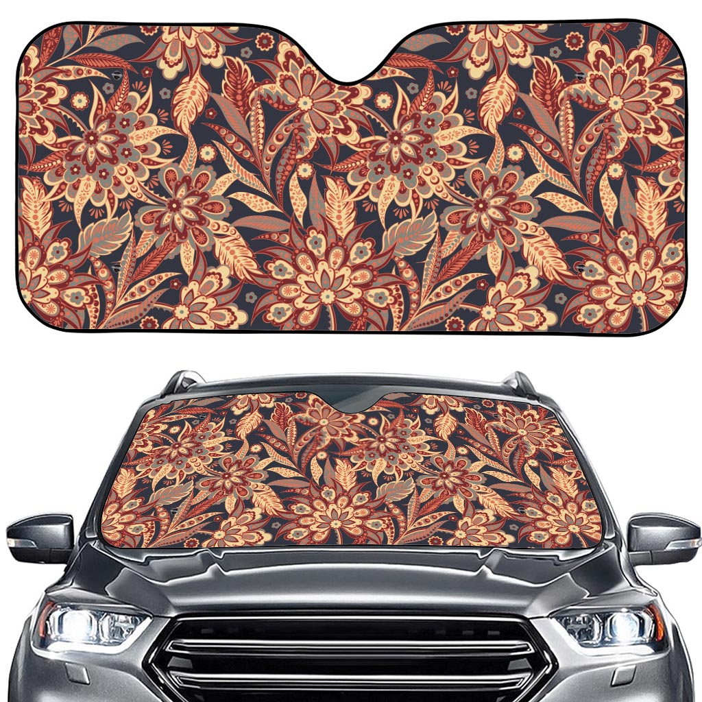 Brown Floral Bohemian Pattern Print Car Windshield Sun Shade