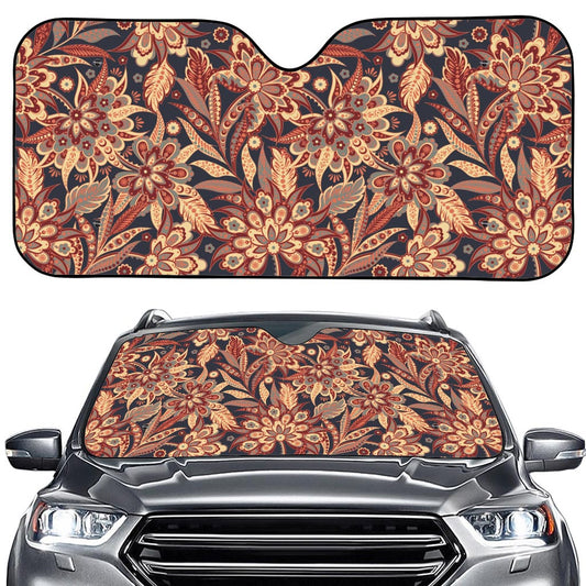 Brown Floral Bohemian Pattern Print Car Windshield Sun Shade