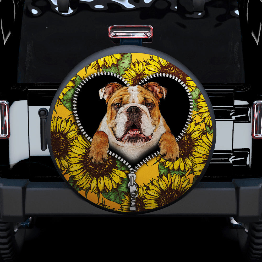Bulldog Sunflower Zipper Car Spare Tire Cover