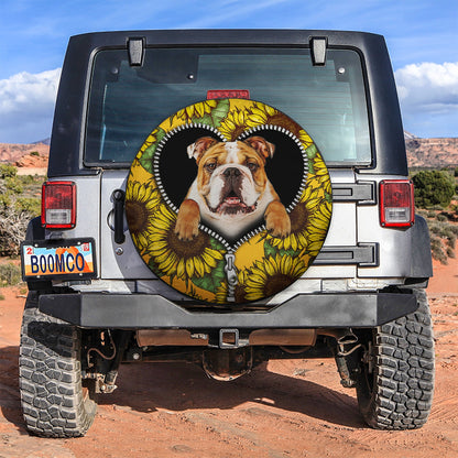 Bulldog Sunflower Zipper Car Spare Tire Cover