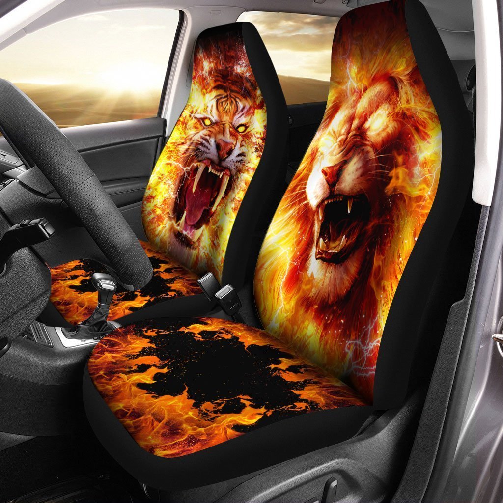 Burning Lion And Tiger Car Seat Covers Custom Cool Car Interior Accessories