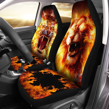 Burning Lion And Tiger Car Seat Covers Custom Cool Car Interior Accessories