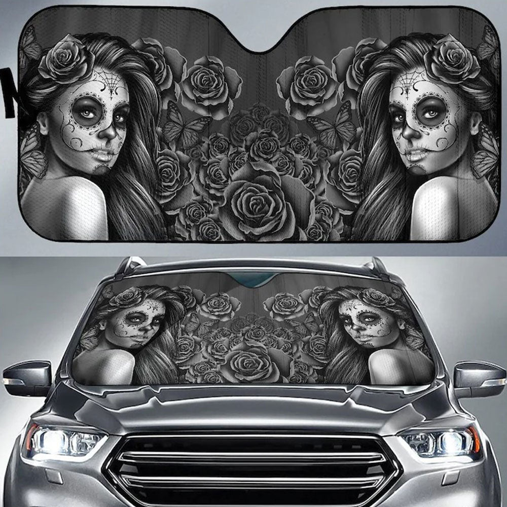 Calavera Girl Black Car Auto Sun Shades Windshield Accessories Decor Gift