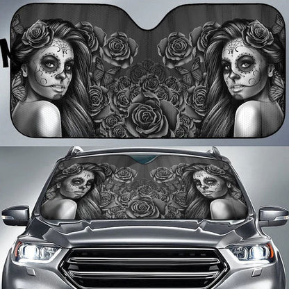 Calavera Girl Black Car Auto Sun Shades Windshield Accessories Decor Gift