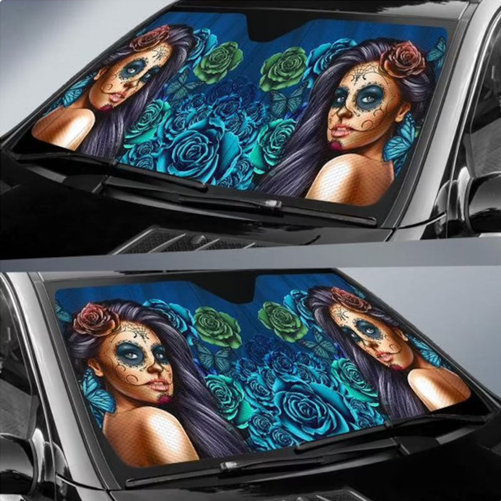 Calavera Girl Blue Car Auto Sun Shades Windshield Accessories Decor Gift
