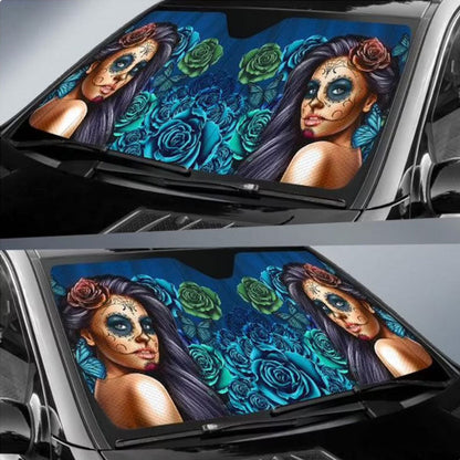 Calavera Girl Blue Car Auto Sun Shades Windshield Accessories Decor Gift