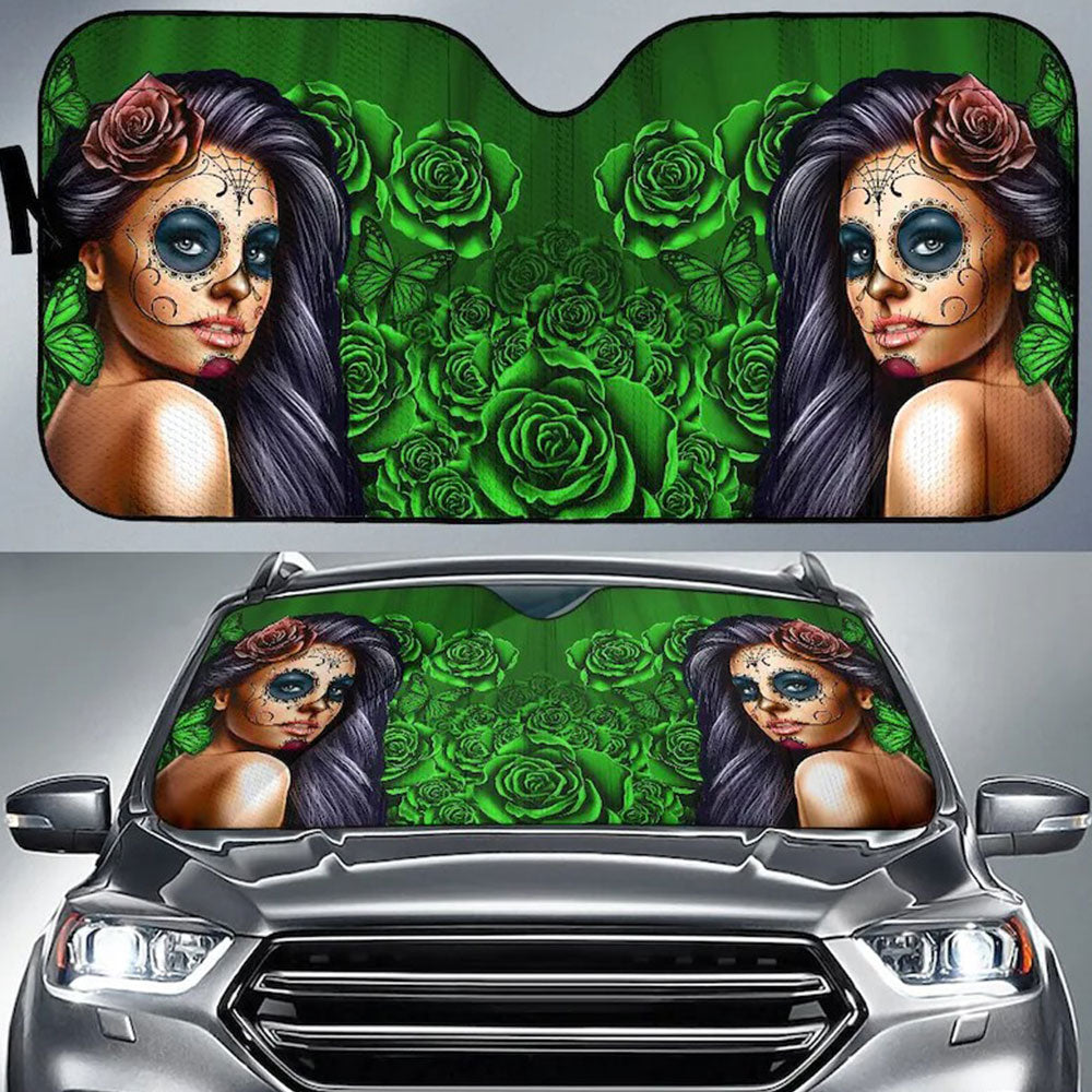 Calavera Girl Green Car Auto Sun Shades Windshield Accessories Decor Gift