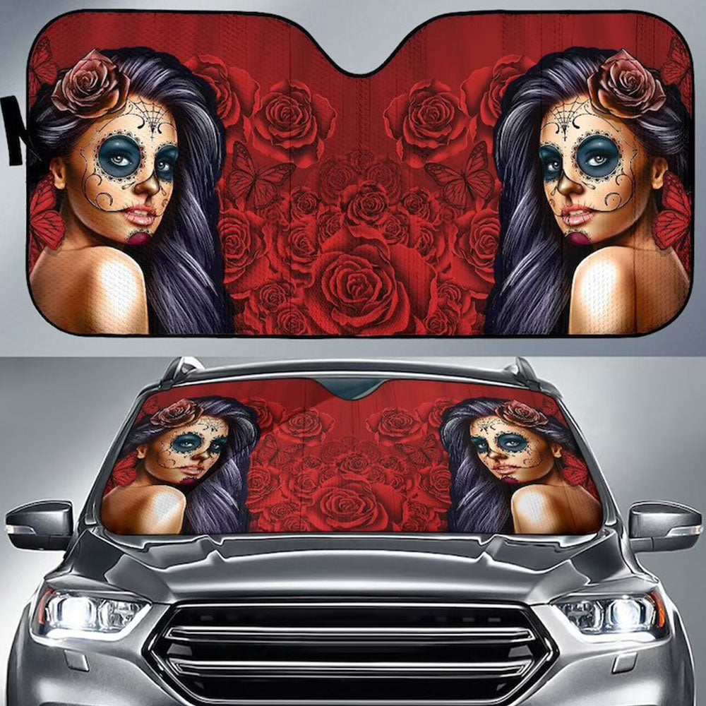 Calavera Girl Red Car Auto Sun Shades Windshield Accessories Decor Gift