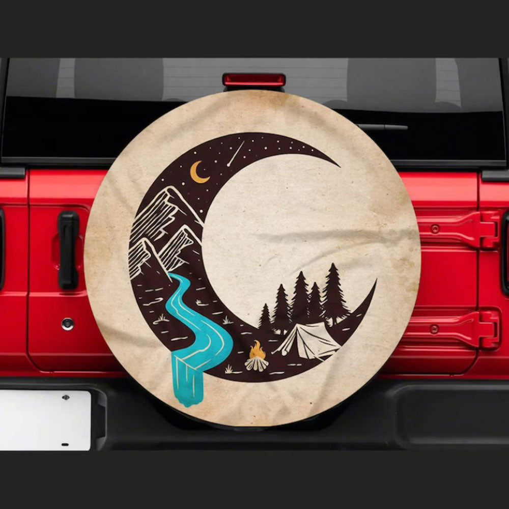 Camping Moon, Hippie Vintage Art Car Spare Tire Cover