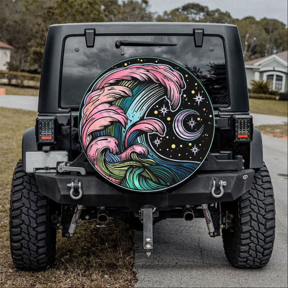 Camping Night Hippie Vintage Art Jeep Car Spare Tire Cover