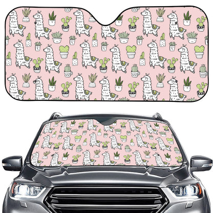Cartoon Cactus And Llama Pattern Print Car Windshield Sun Shade