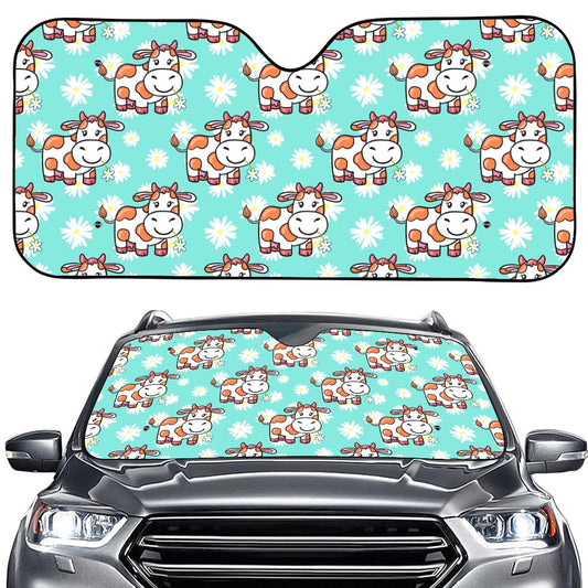 Cartoon Cow And Daisy Flower Print Car Windshield Sun Shade