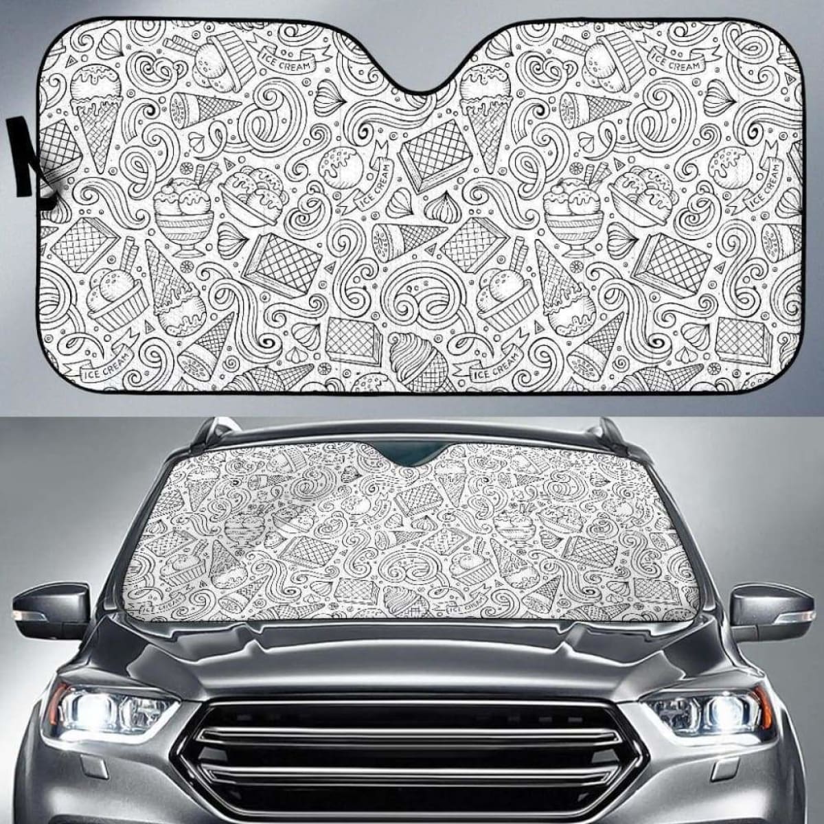 Cartoon Hand Drawn Ice Cream Black White Car Auto Sun Shades Universal Fit 052312