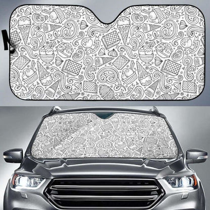 Cartoon Hand Drawn Ice Cream Black White Car Auto Sun Shades Universal Fit 052312