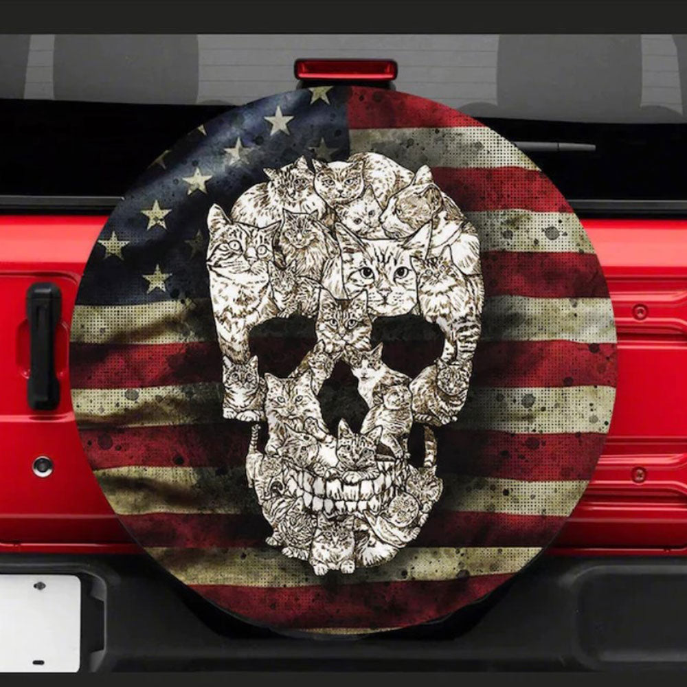 Cat Skulls, American Flag Car Spare Tire Cover