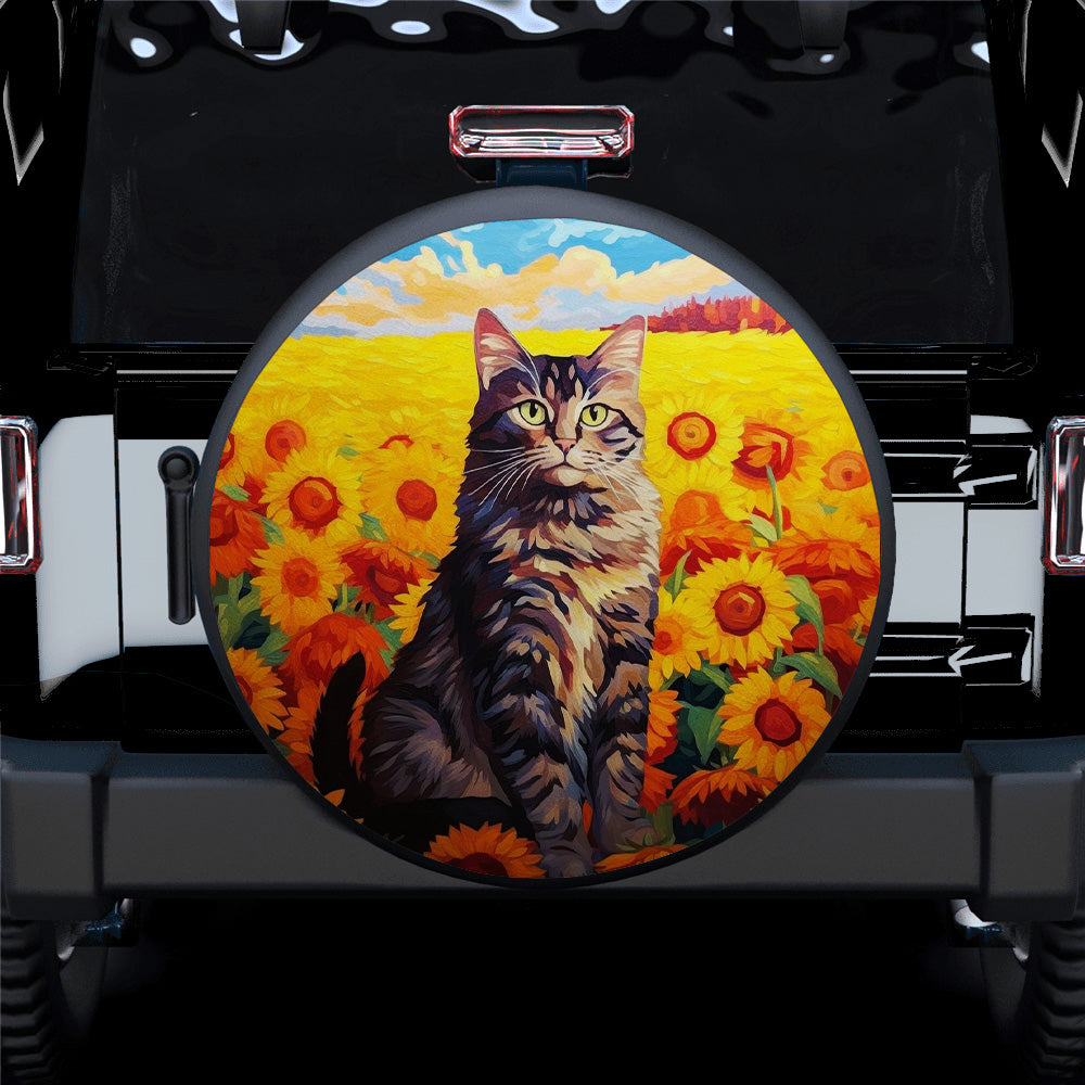 Cat With Sunflower Painting Car Spare Tire Cover