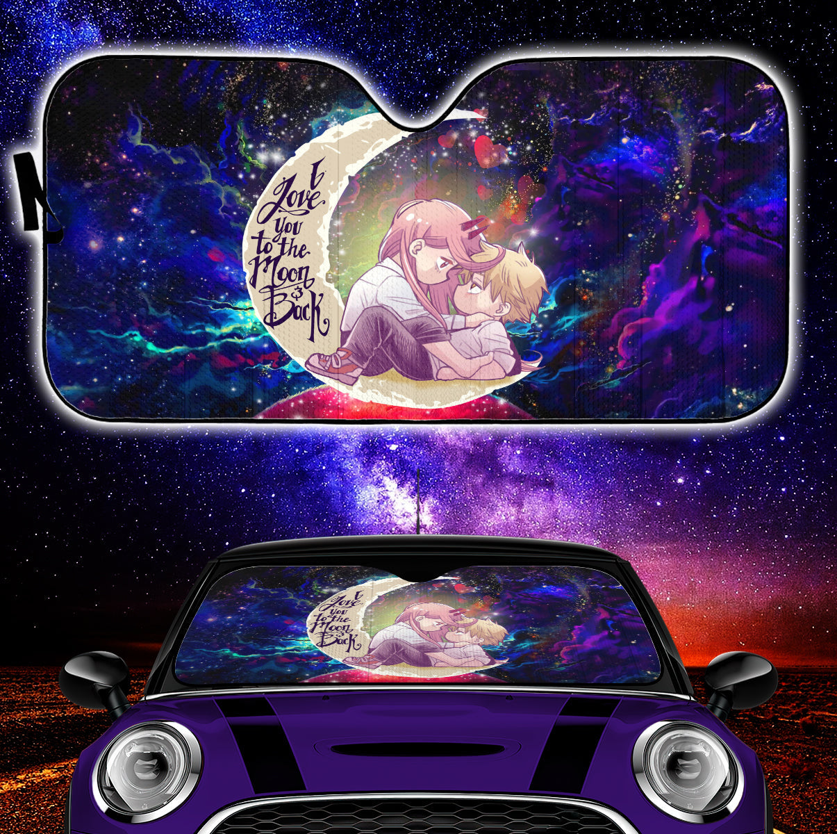 Chainsaw Man Denji x Power Love You To The Moon Galaxy Car Auto Sunshades