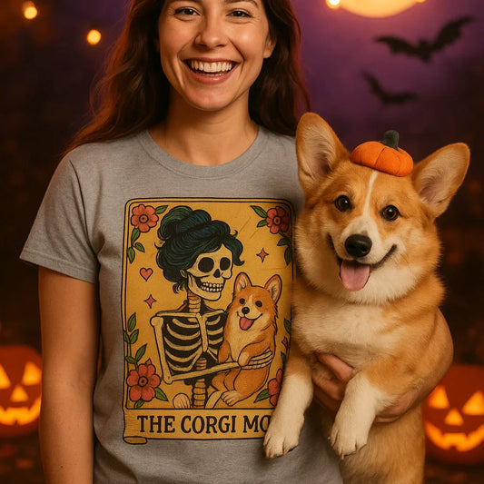 Corgi Mom Tarot T-Shirt – Vintage Skeleton Dog Lover Halloween Tee