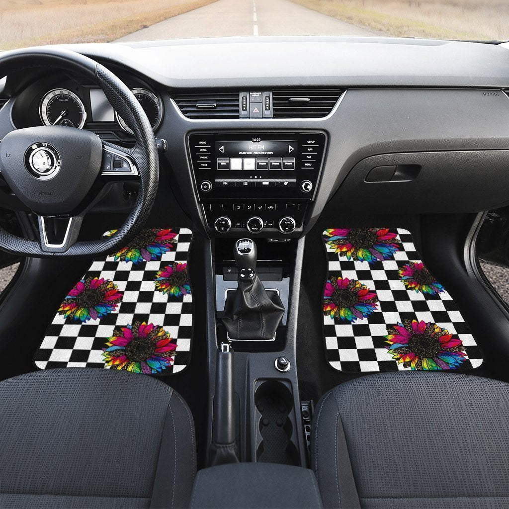 Checkerboard Sunflower Car Floor Mats Custom Leopard Car Interior Accessories