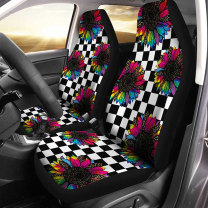 Checkerboard Sunflower Car Seat Covers Custom Leopard Car Accessories
