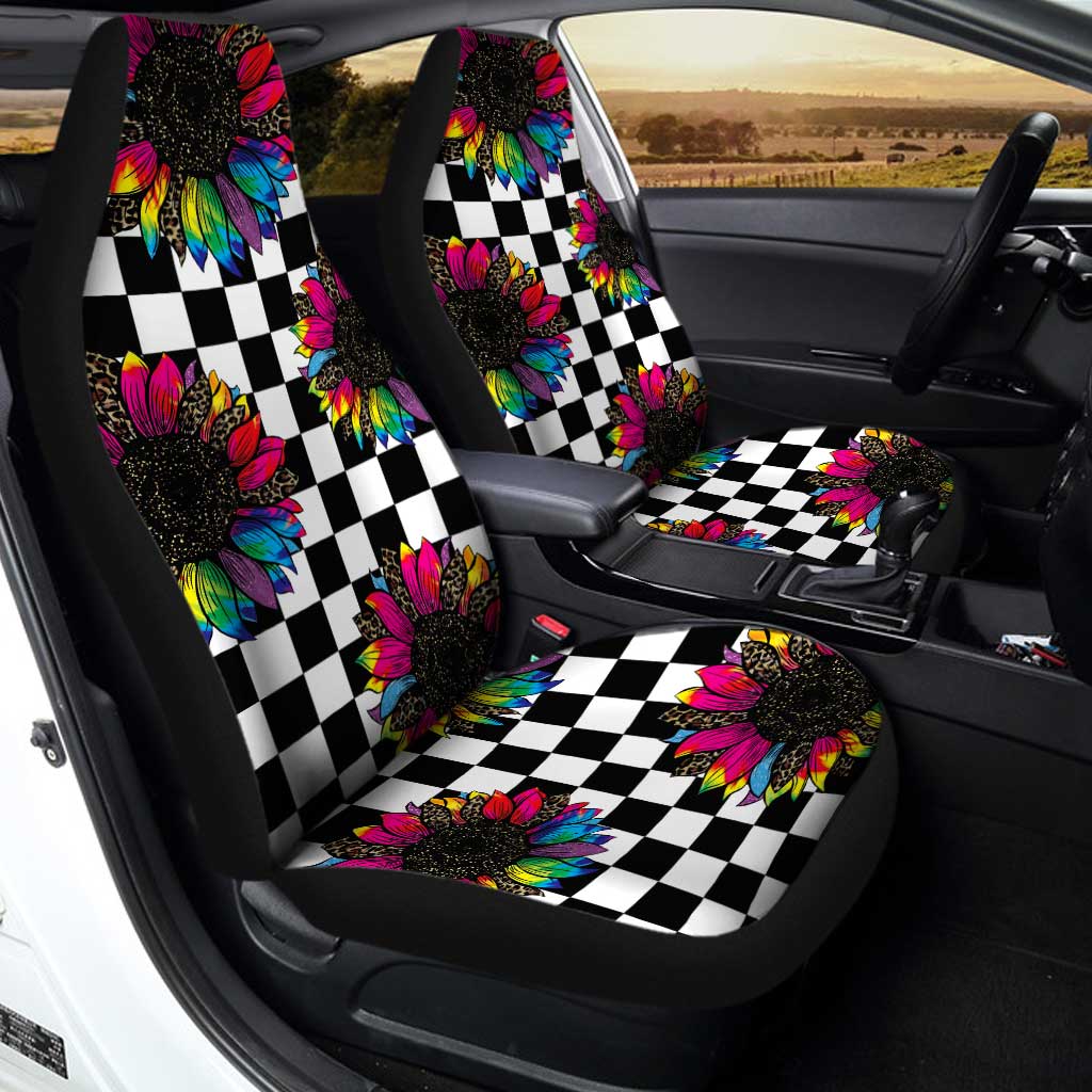 Checkerboard Sunflower Car Seat Covers Custom Leopard Car Accessories