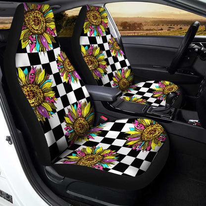 Checkerboard Sunflower Car Seat Covers Custom Leopard Car Interior Accessories