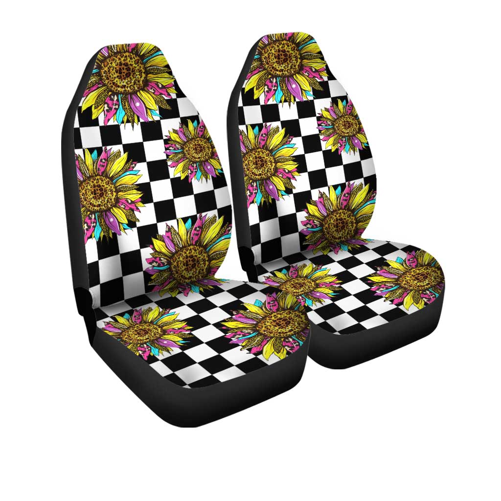 Checkerboard Sunflower Car Seat Covers Custom Leopard Car Interior Accessories