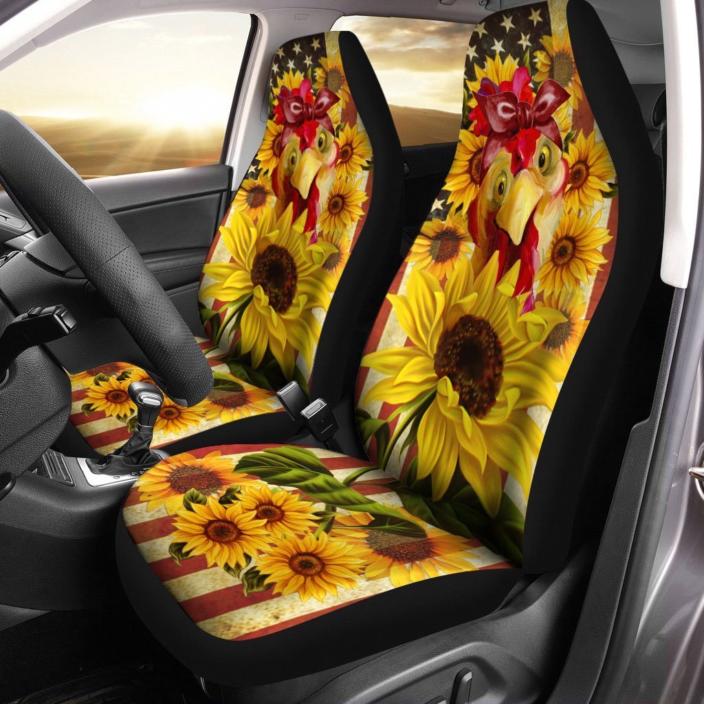 Chicken Sunflower Car Seat Covers Custom US Flag Car Accessories