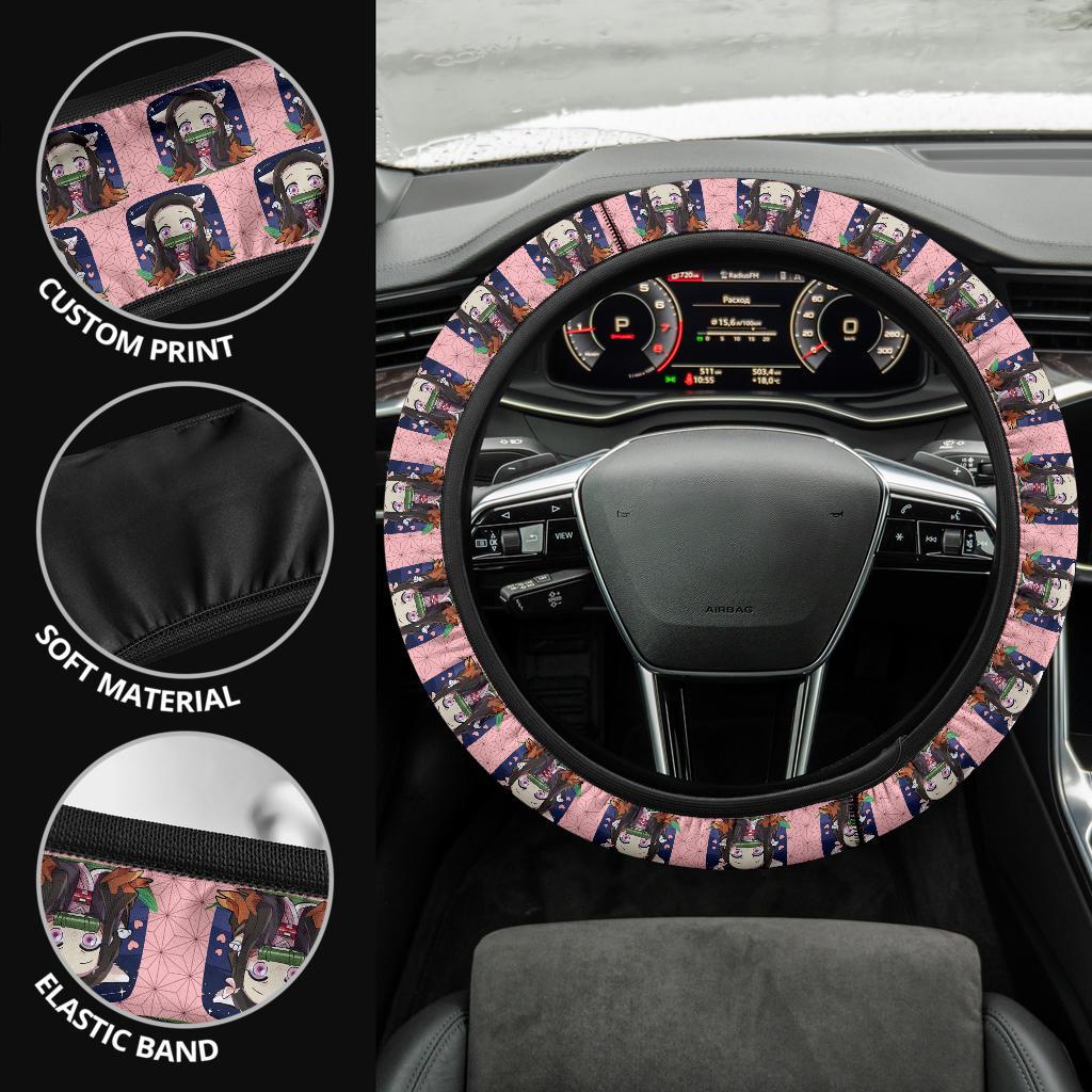 Chipi Cat Kamado Nezuko Demon Slayer Anime Car Steering Wheel Cover 1