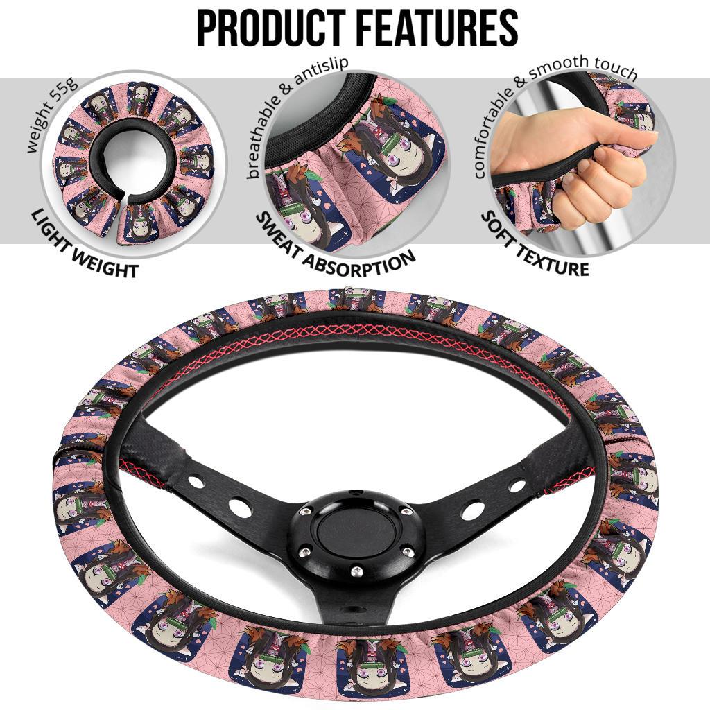 Chipi Cat Kamado Nezuko Demon Slayer Anime Car Steering Wheel Cover 1
