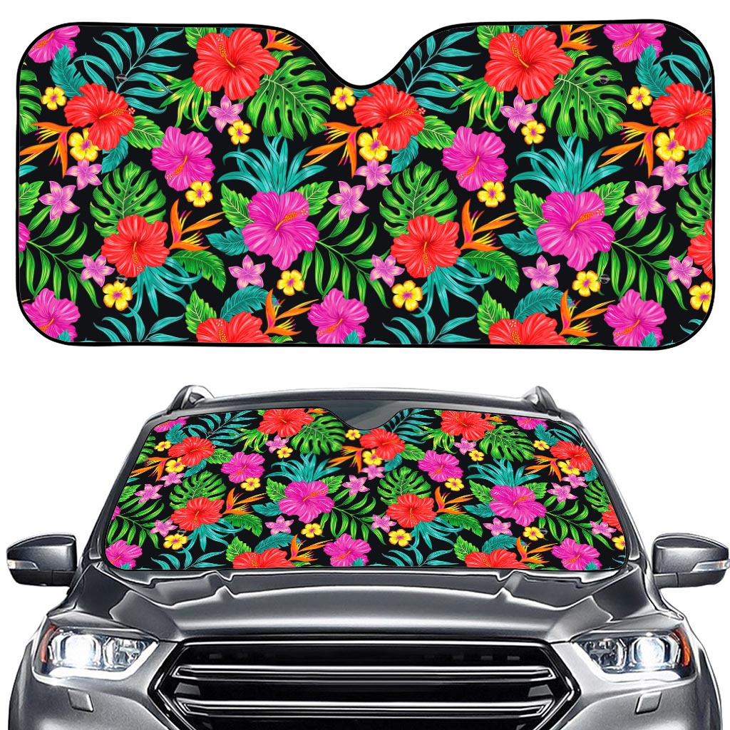 Colorful Hibiscus Flowers Pattern Print Car Windshield Sun Shade