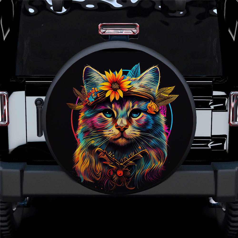 Colorful Hippie Cat Car Spare Tire Cover