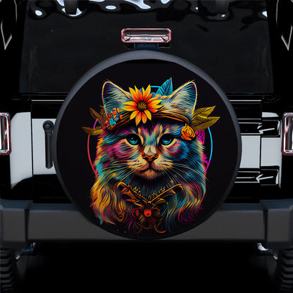 Colorful Hippie Cat Car Spare Tire Cover